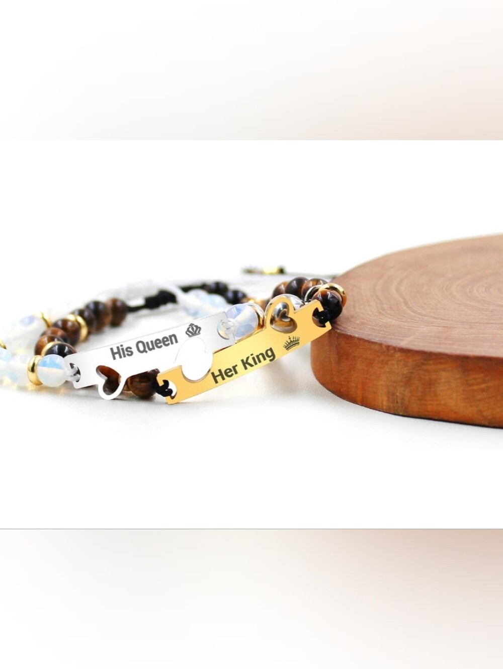His Queen & Her King Black Brown Beaded Couple Bracelets - Gold/Silver Plates